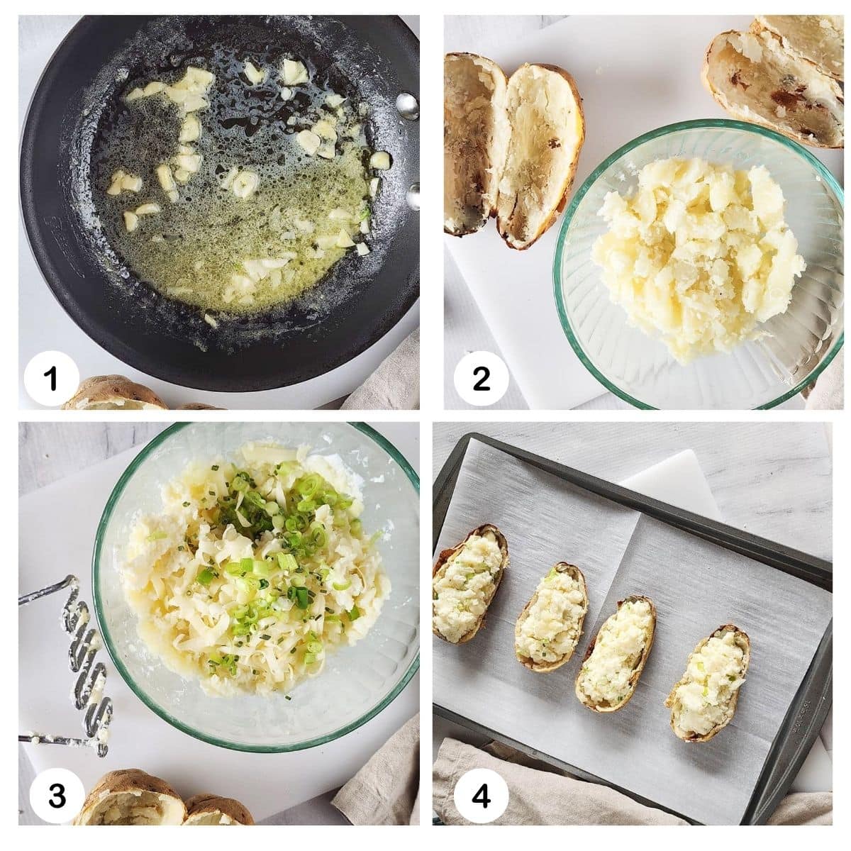 a collage photo of steps needed to make twice baked potatoes 