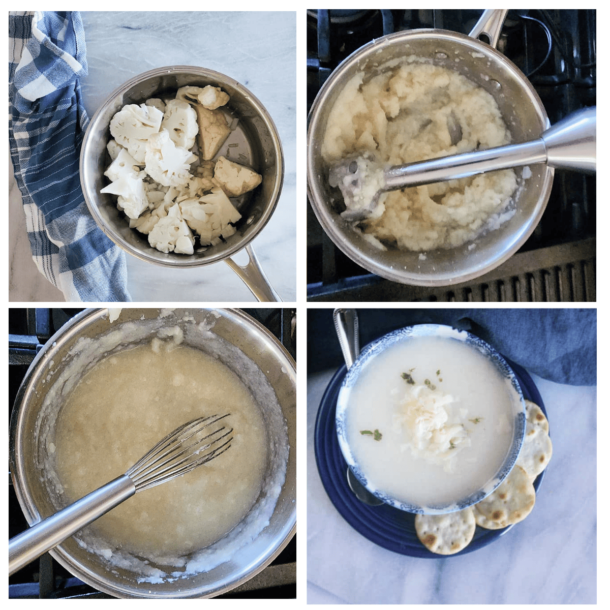 a collage of pictures needed to make 3 ingredient cauliflower soup 