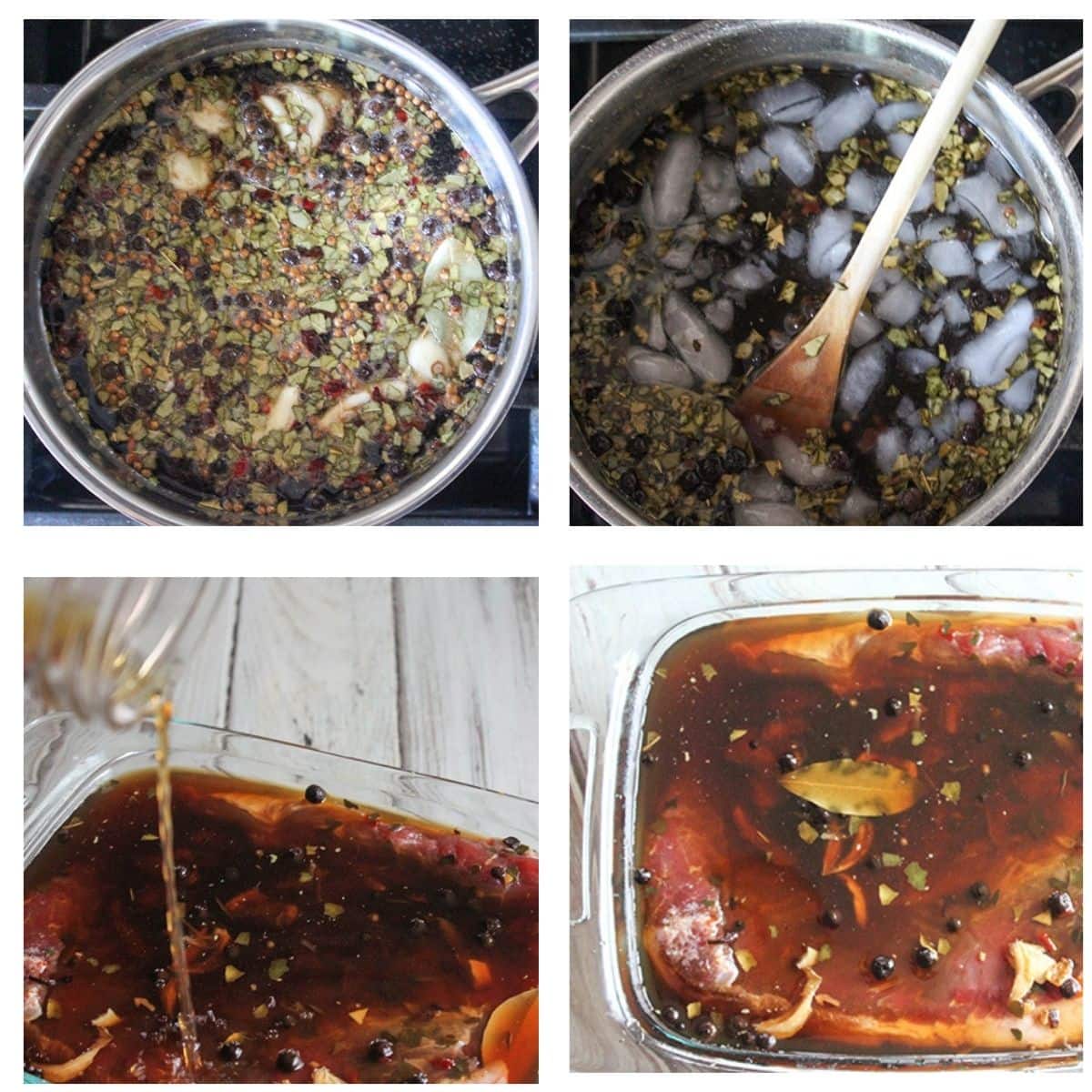 A COLLAGE OF PHOTOS OF STEPS NEEDED TO MAKE HOME CURED CORNED BEEF