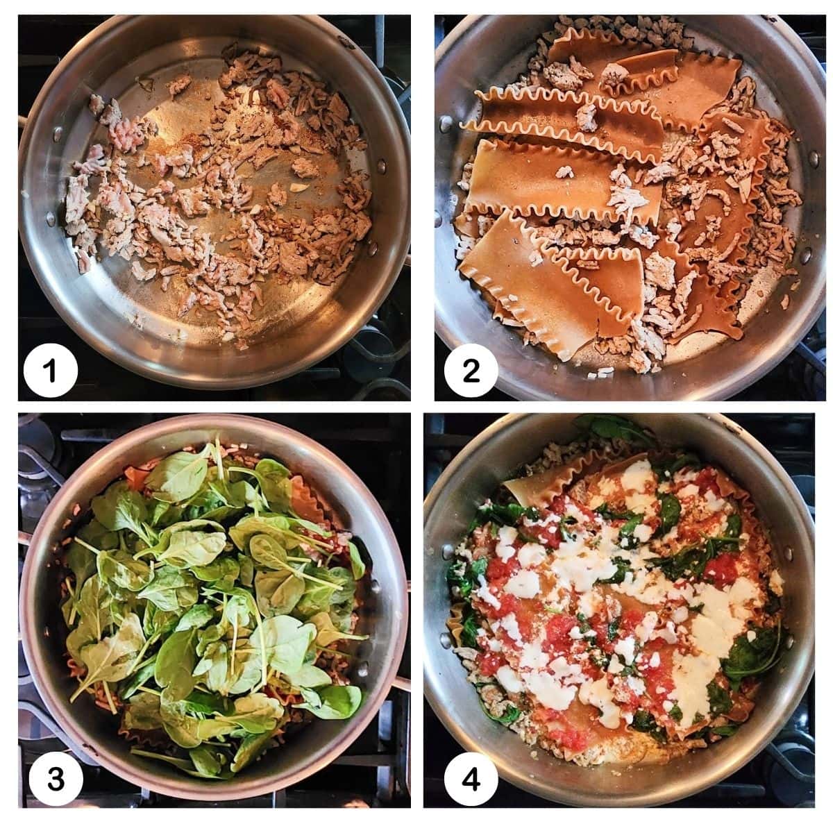 a collage of photos showing the steps needed to make ground turkey lasagna