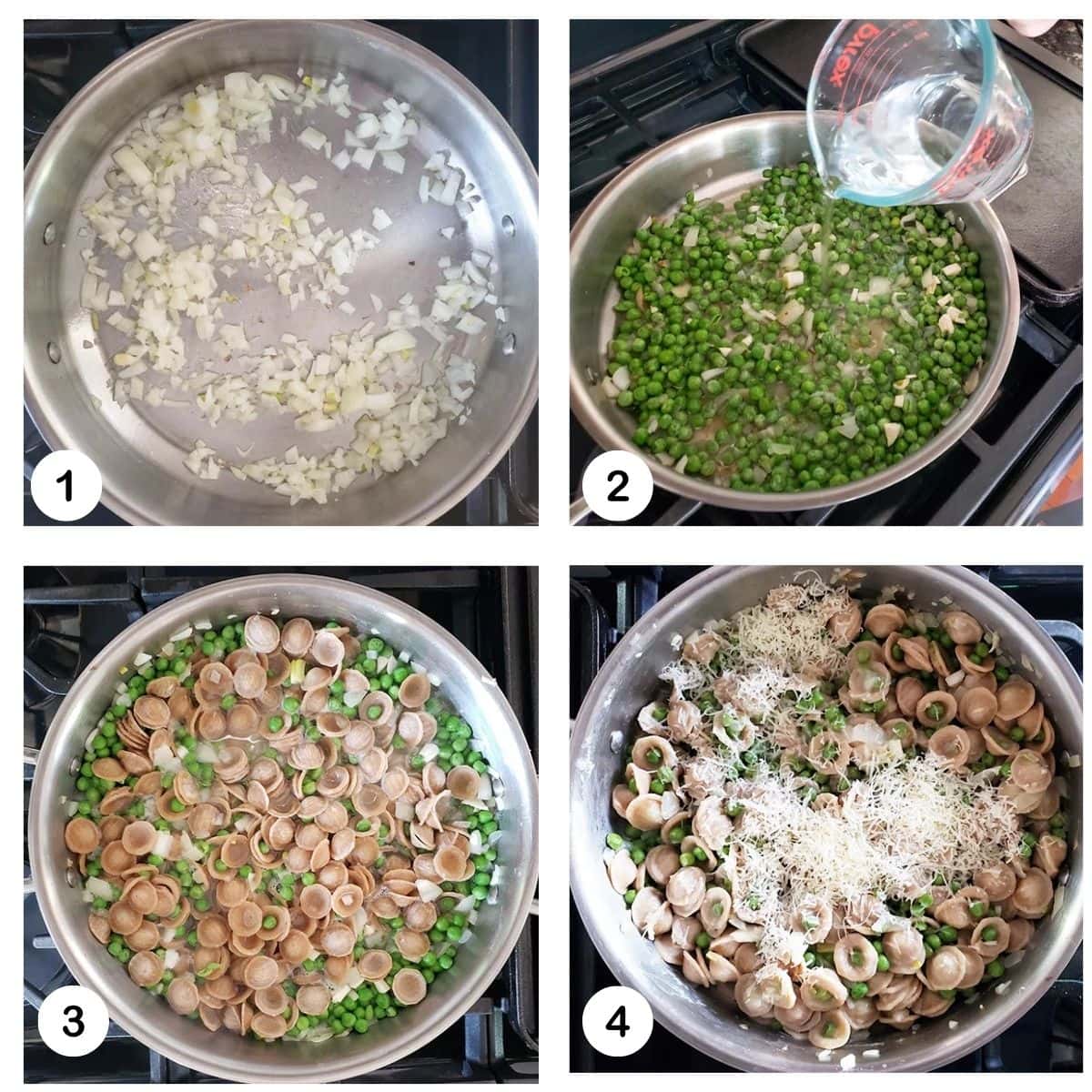a collage of photos showing the steps to make pasta and peas