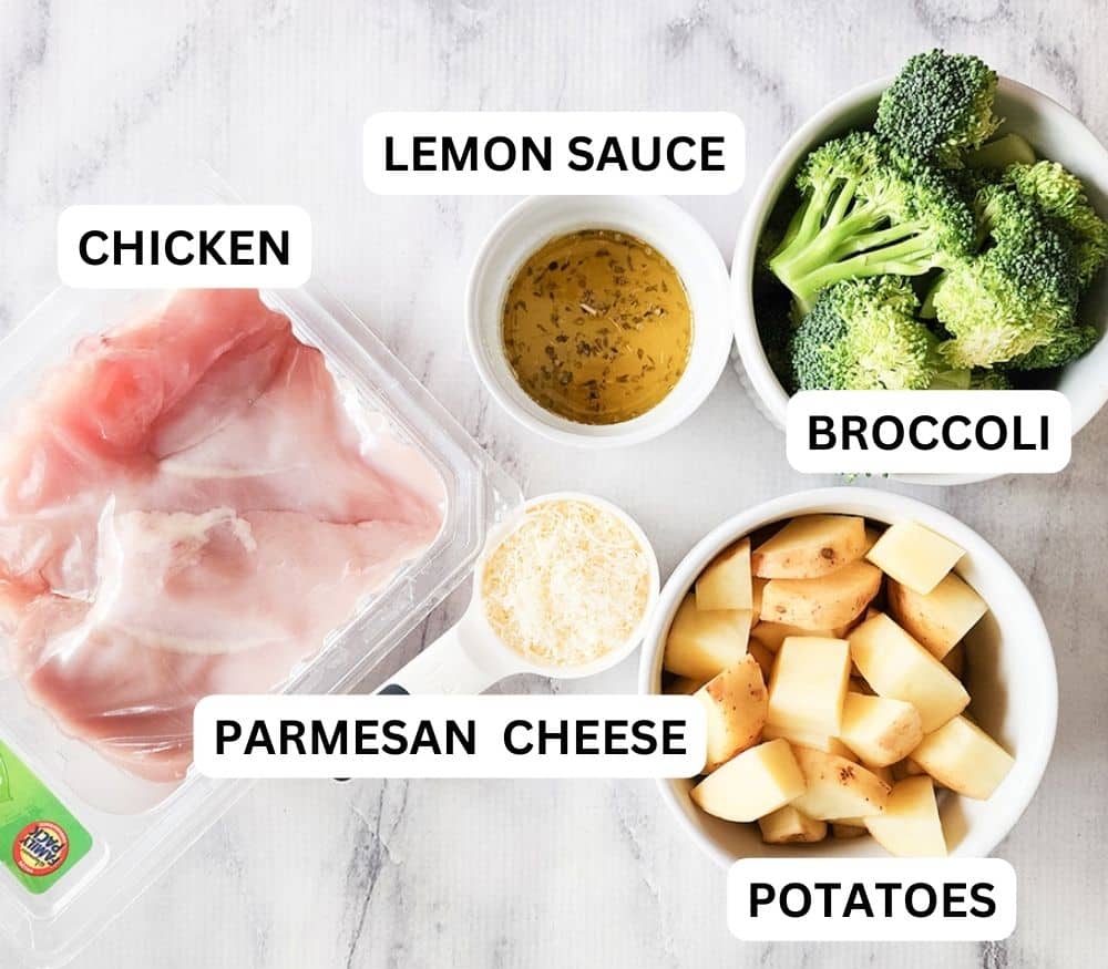 a picture of the ingredients needed to make sheet pan chicken and potatoes: chicken, lemon sauce, broccoli, potatoes parmesan cheese