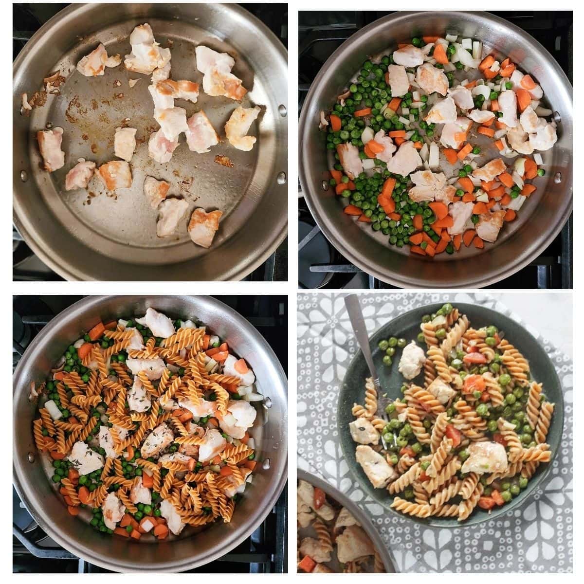a collage of photos showing how to make chicken pot pie pasta