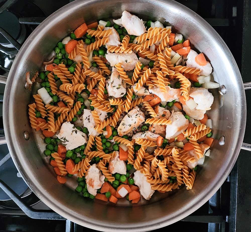 Process 3, pasta added to the skillet with veggies and chicken