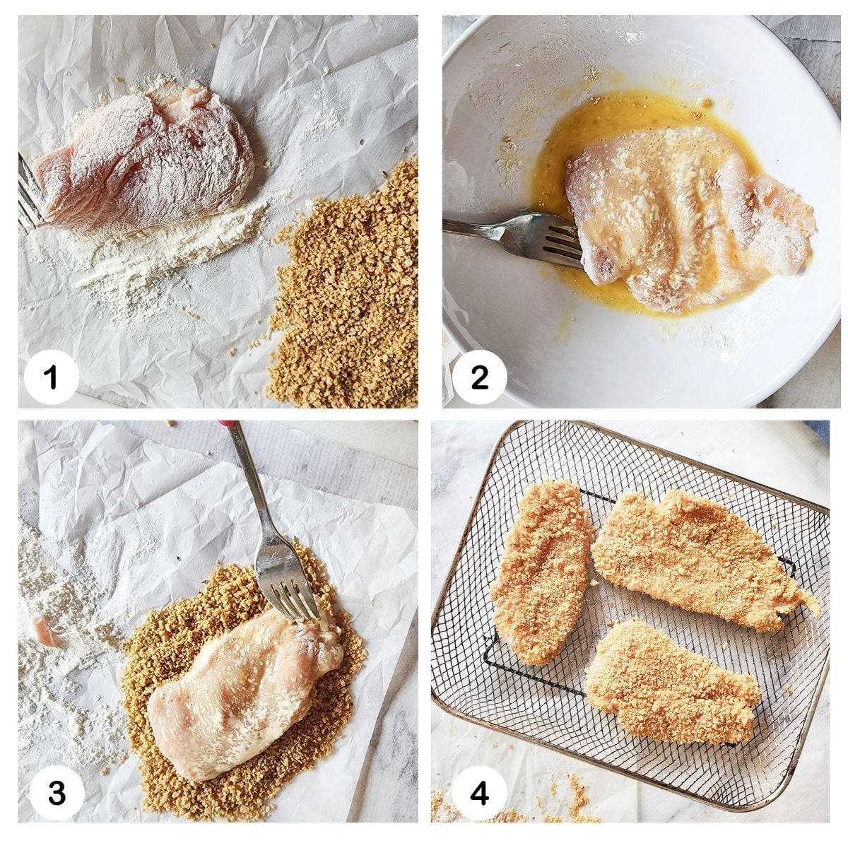 a photo collage of steps needed to make chicken milanese: flour, egg, bread and air fry