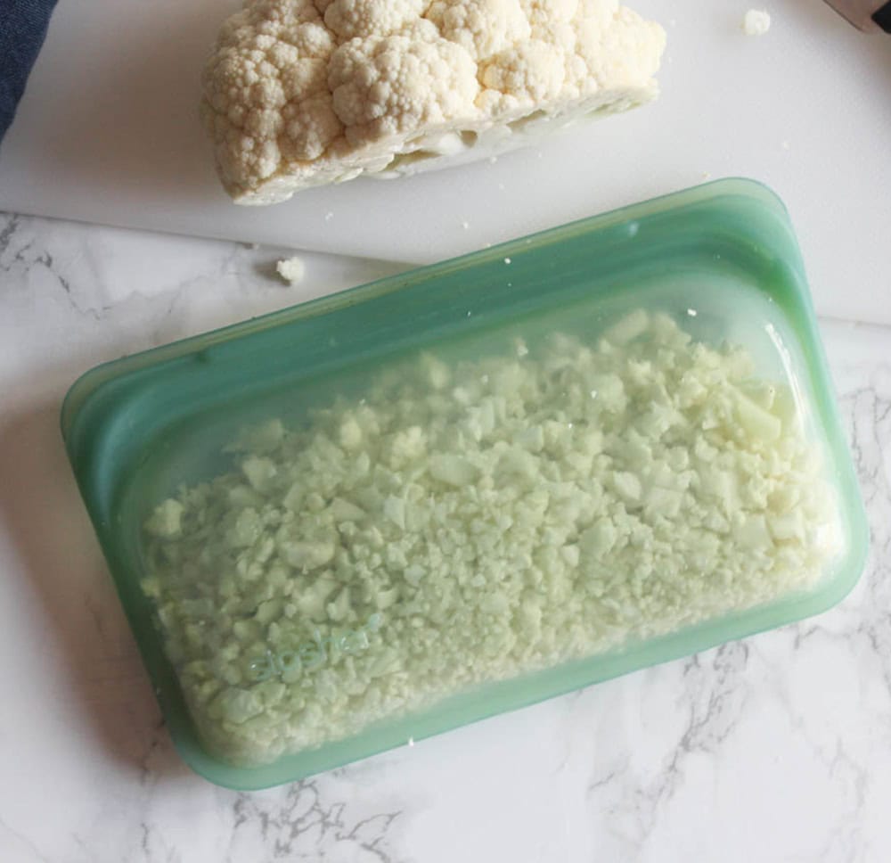 a picture of cauliflower rice in a reusable bag
