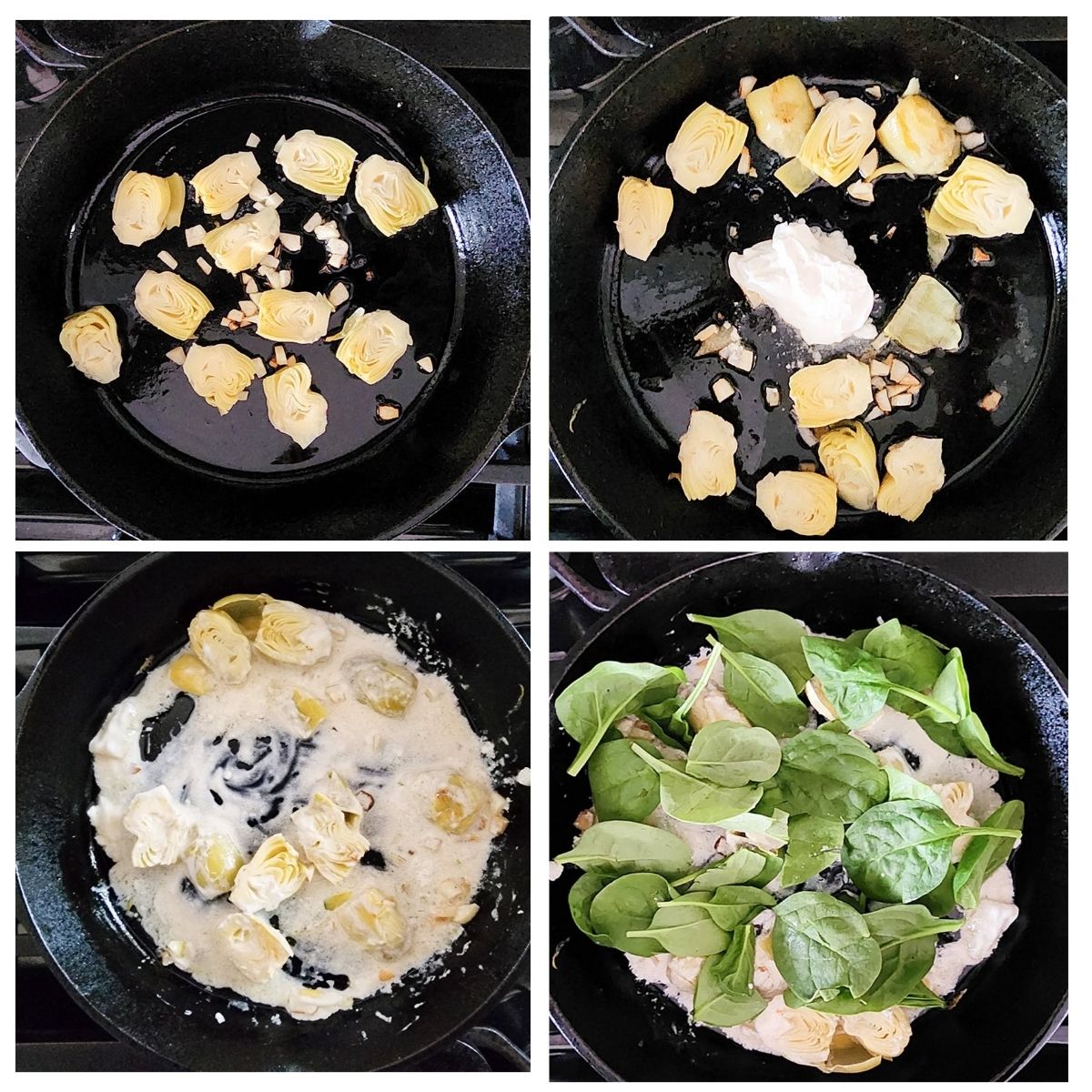 a collage of photos showing the process steps for making spinach artichoke dip pasta