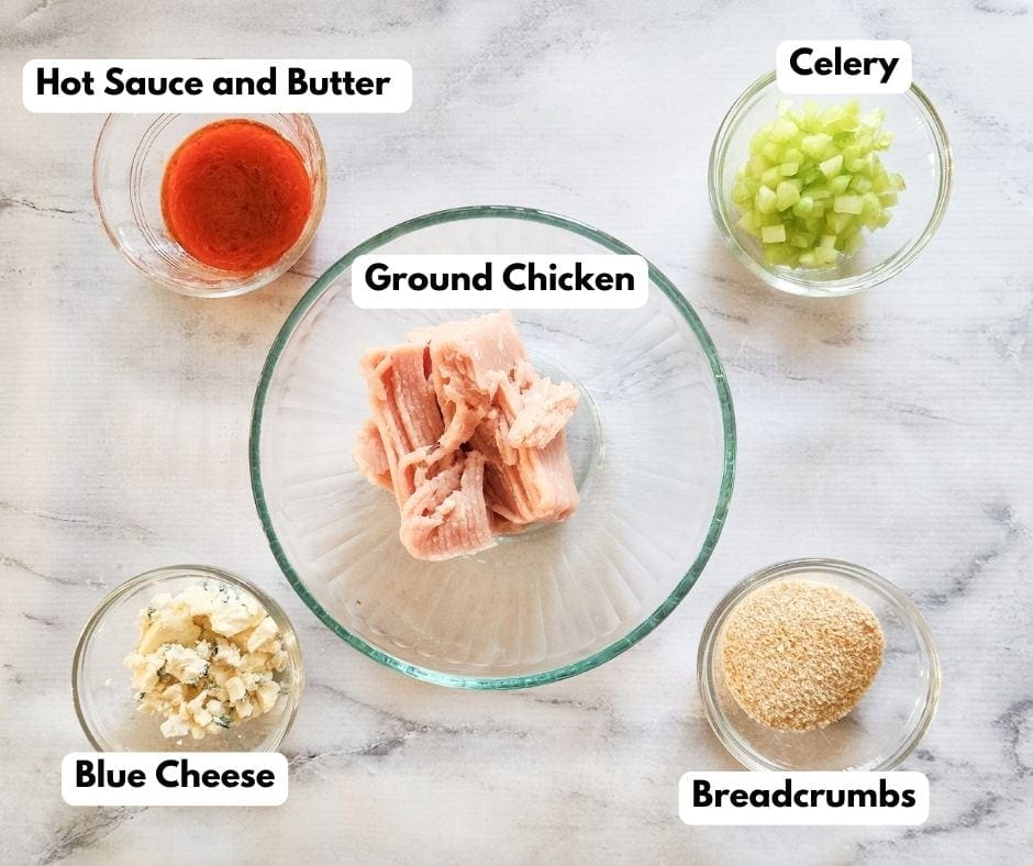 A picture of buffalo chicken meatloaf ingredients: buffalo sauce and butter, chopped celery, ground chicken, blue cheese, breadcrumbs
