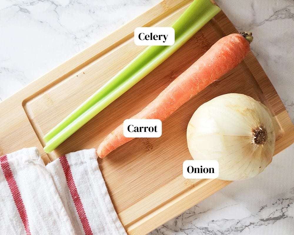 a picture of mirepoix ingredients: Onion, Carrot, and Celery