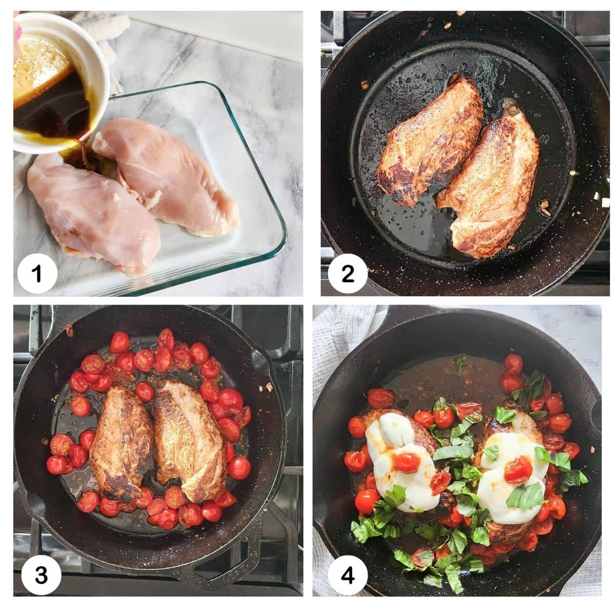 a picture showing the steps needed to make caprese chicken in a skillet  