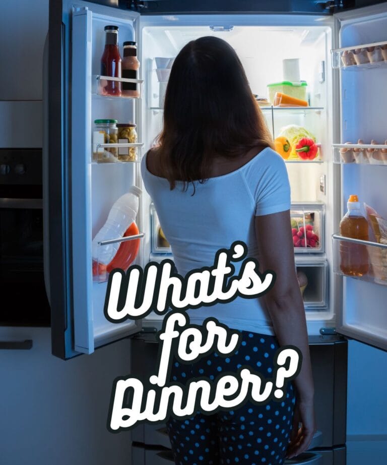 A picture of a woman standing in front of an open refrigerator with a caption what's for dinner