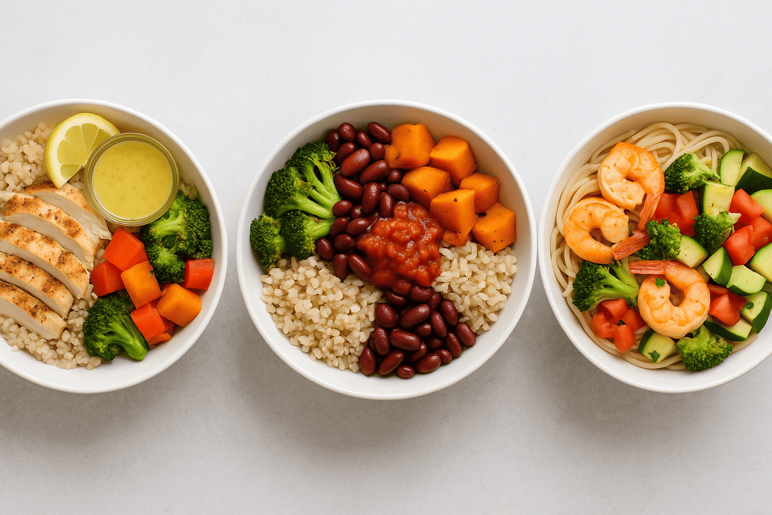 a view of three bowls of food, one with  beans and rice, one with veggies and chicken and the oterh with shrimp and veggies