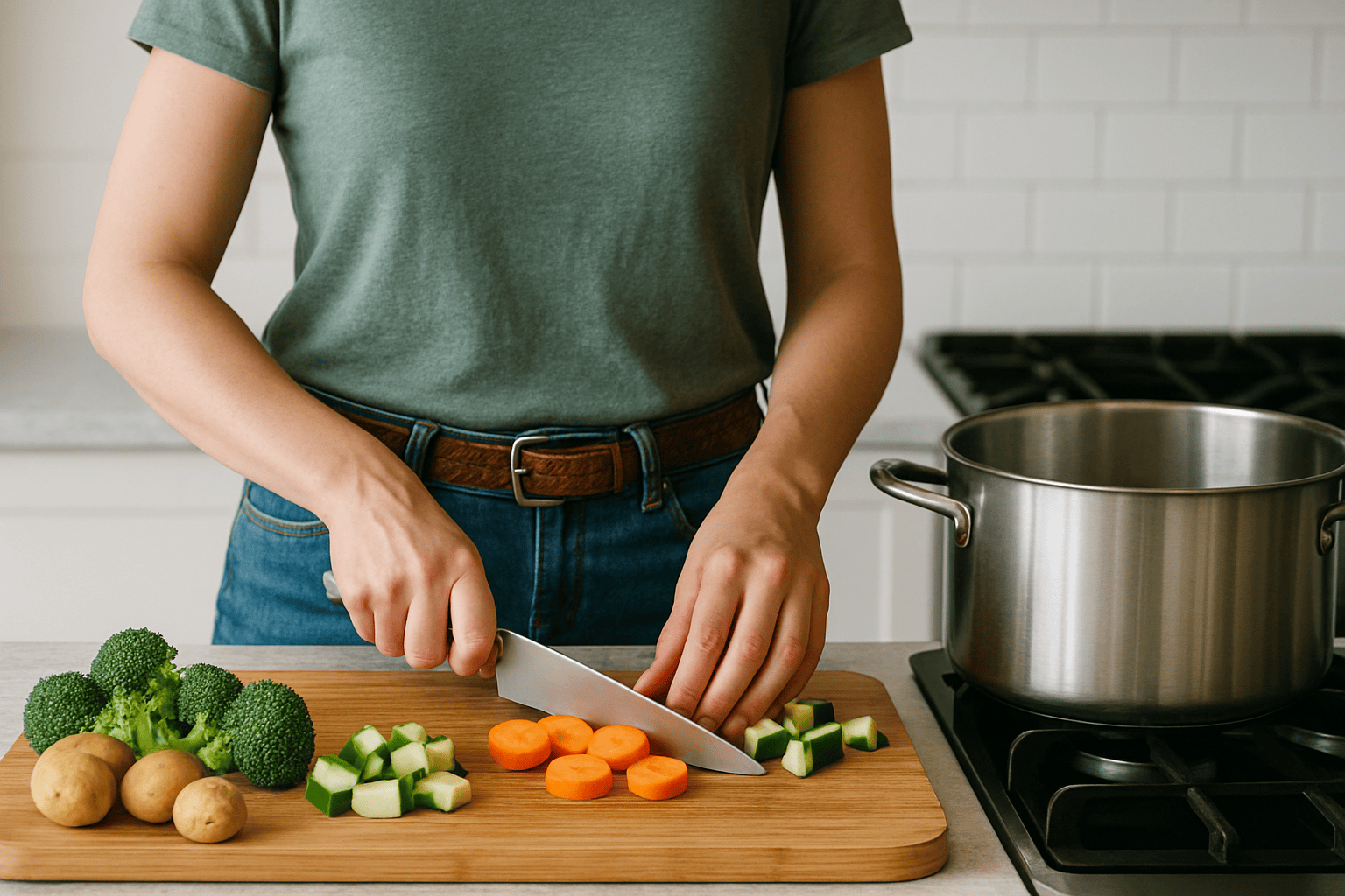 a pictuure of a woman's hands chopping vegetables on a wooden cutting board with a pot sitting next to her