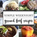 a collage of pictures of ground beef dishes, stuffed pepper, chili, burger bowl and red beans and rice