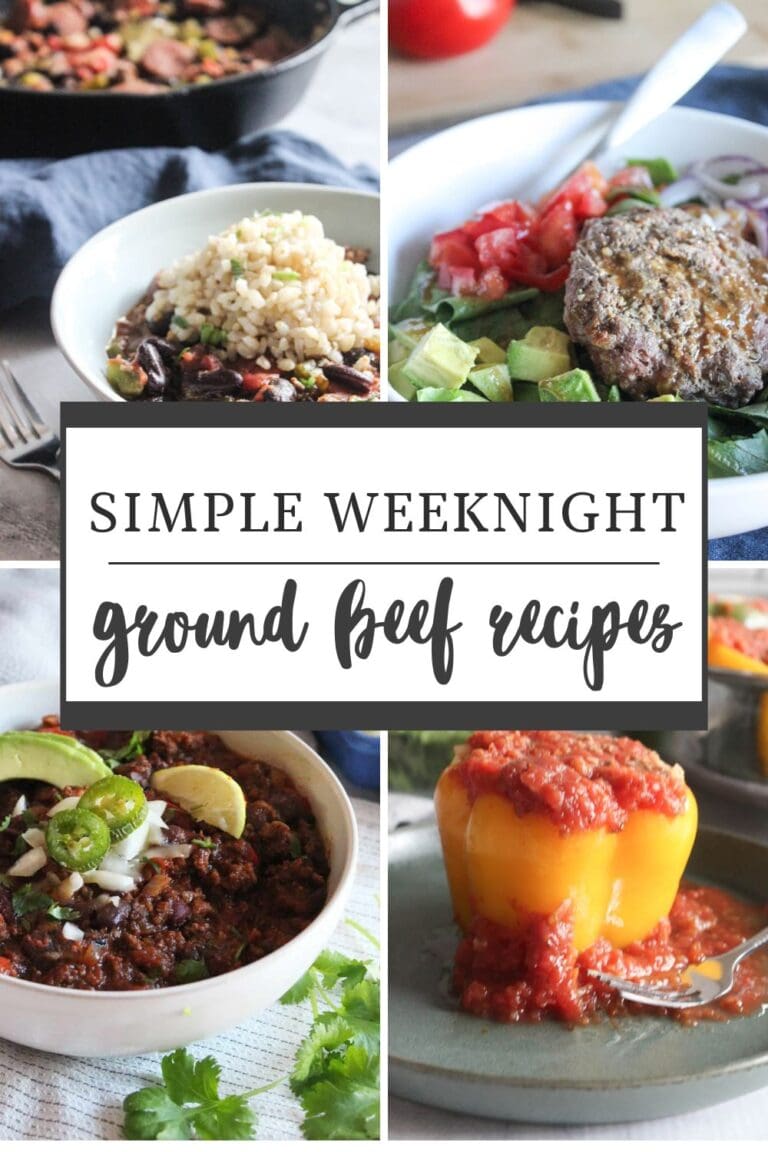 a collage of pictures of ground beef dishes, stuffed pepper, chili, burger bowl and red beans and rice