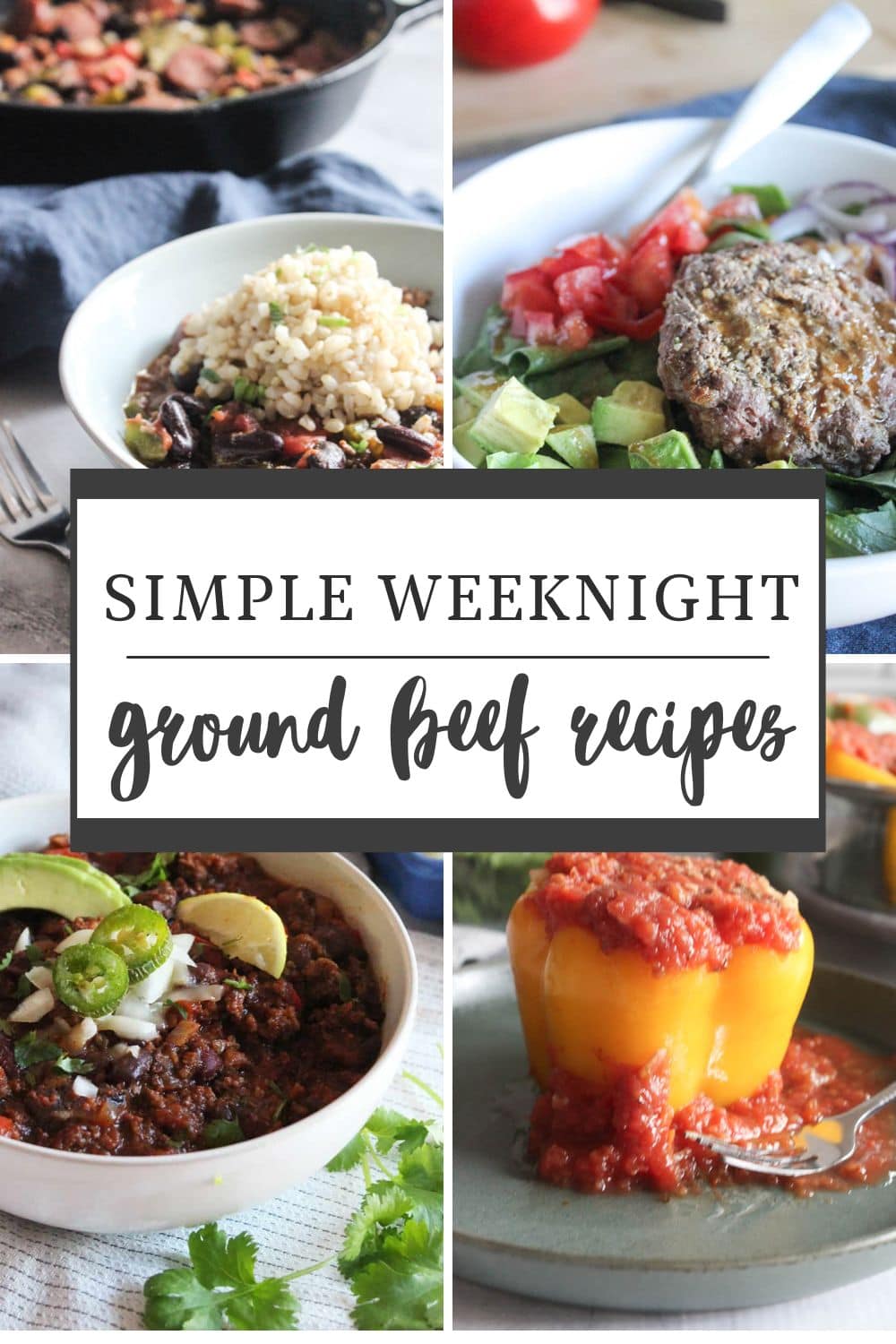a collage of pictures of ground beef dishes, stuffed pepper, chili, burger bowl and red beans and rice