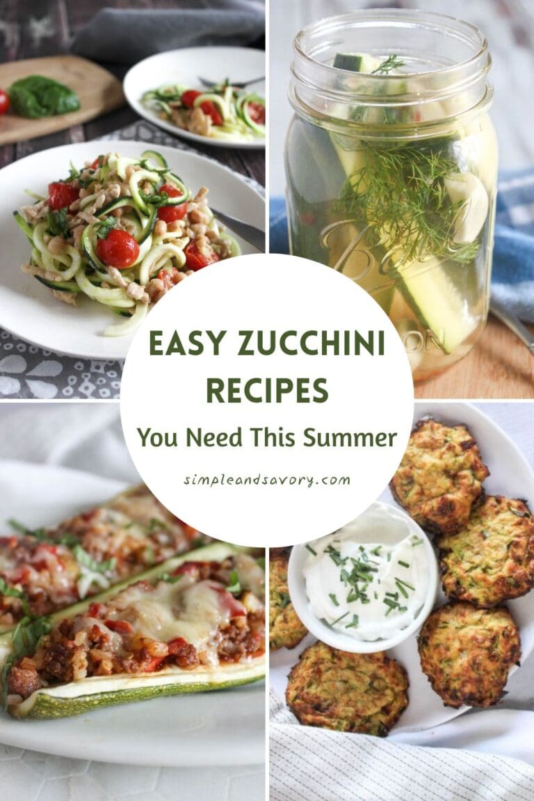 a photo collage of easy zucchini reicpes: pickles, zoodles, stuffed zucchini and fritters