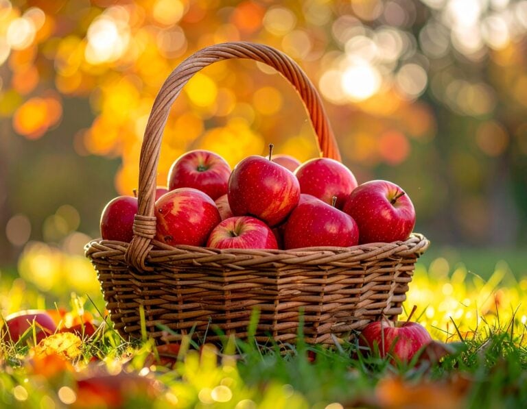 a basket of apples sitting in a meadow with fall leaves in the background