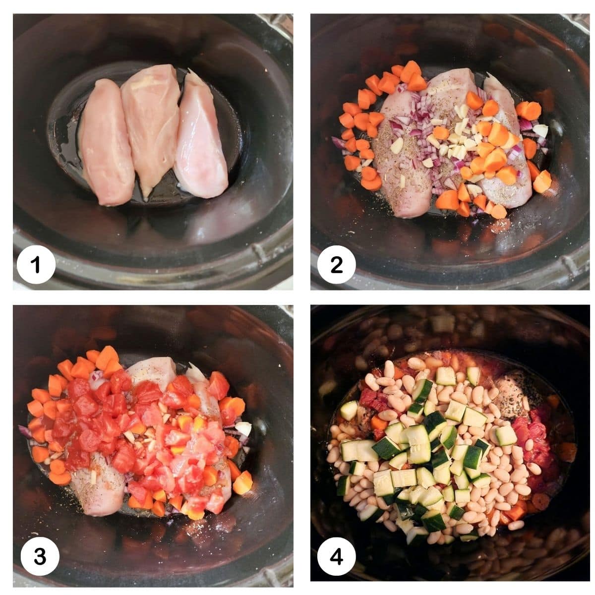 a collage of pictures showing 4 steps to make tuscan chicken, add chicken, top with carrots, add tomatoes, cook then add zucchini and beans