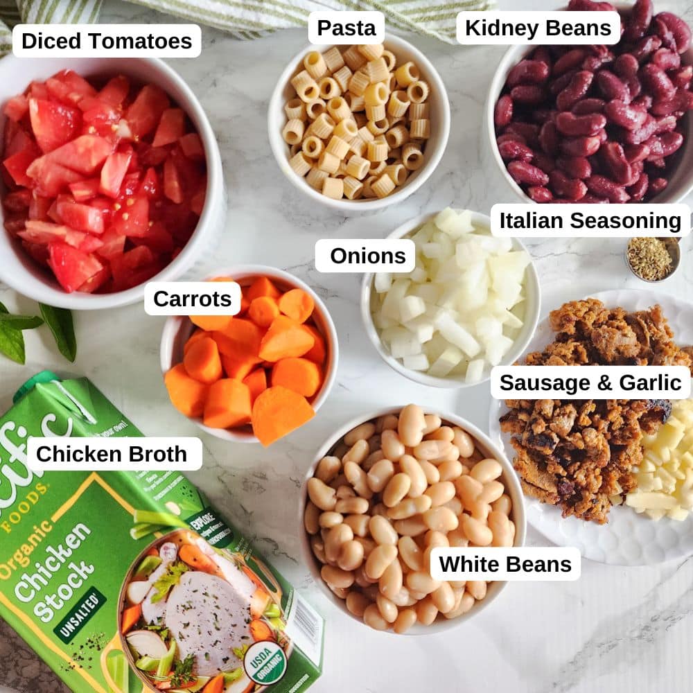 A picture of the ingredients needed to make paasta e fagioli in a slow cooker