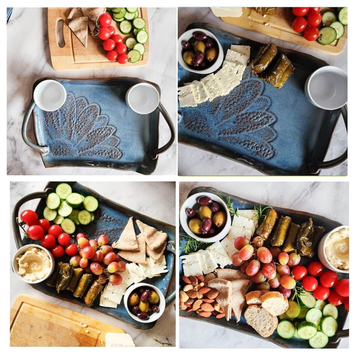 a collage of photos showing steps of putting charcuterie together.