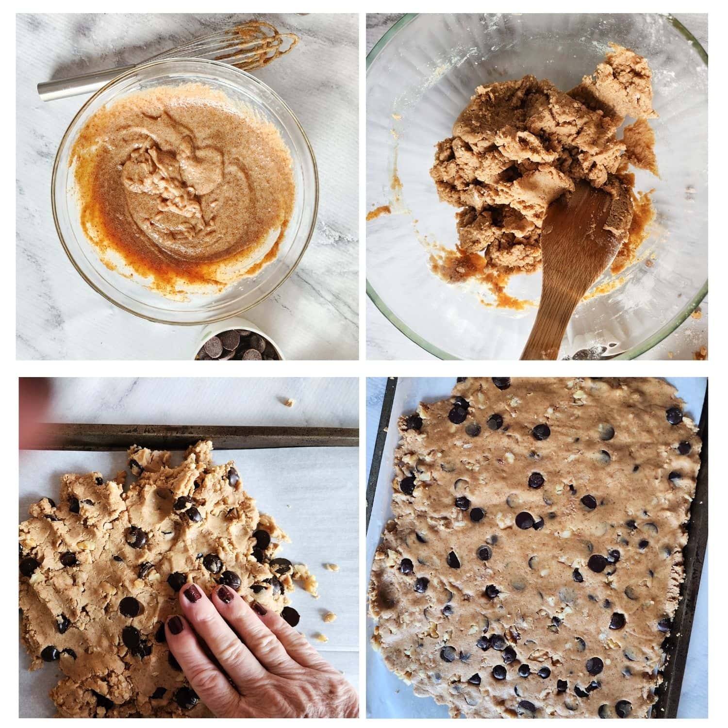 a collage of 4 process steps to make chocolate chip cookie brittle, mixing dough, pressing dough and flat dough in a pan