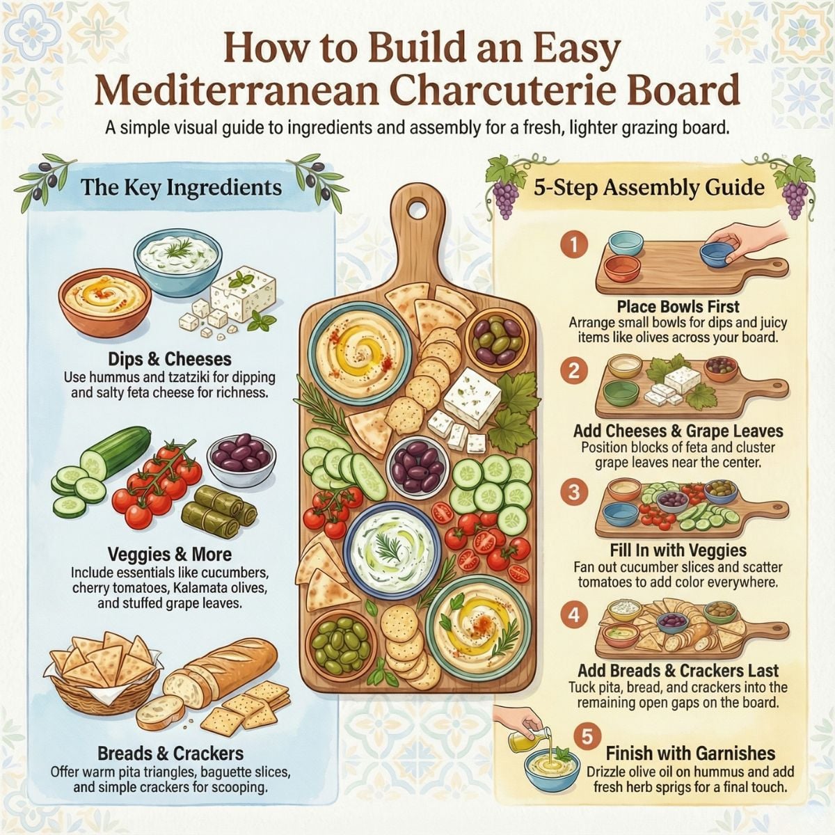 an infographic showing ingredients and steps needed to make a mezze board