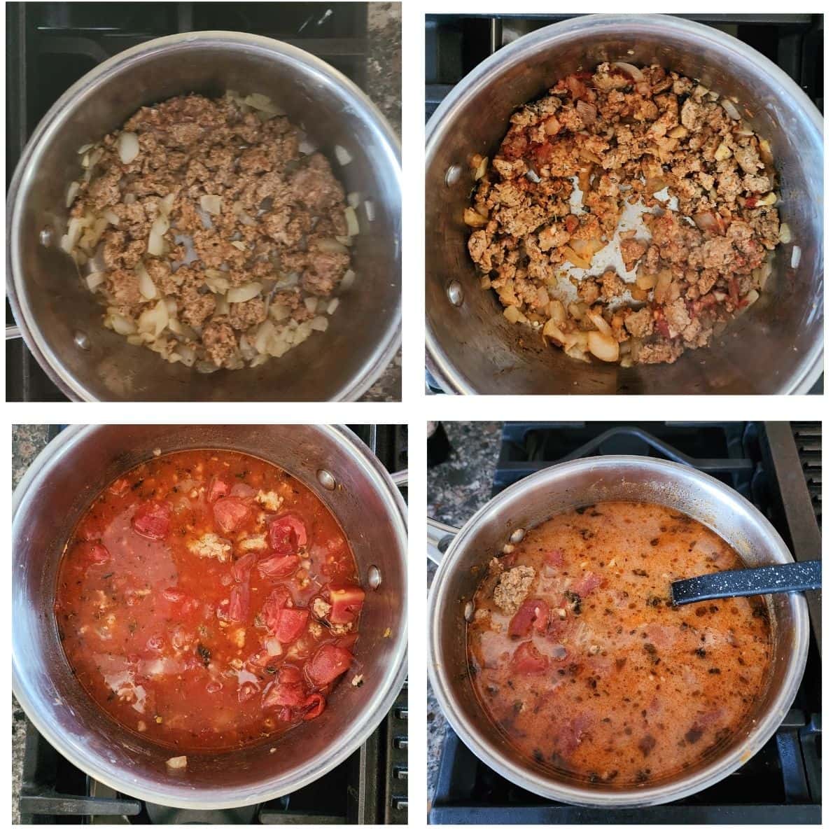a collage of four photos showing steps of making lasagna soup