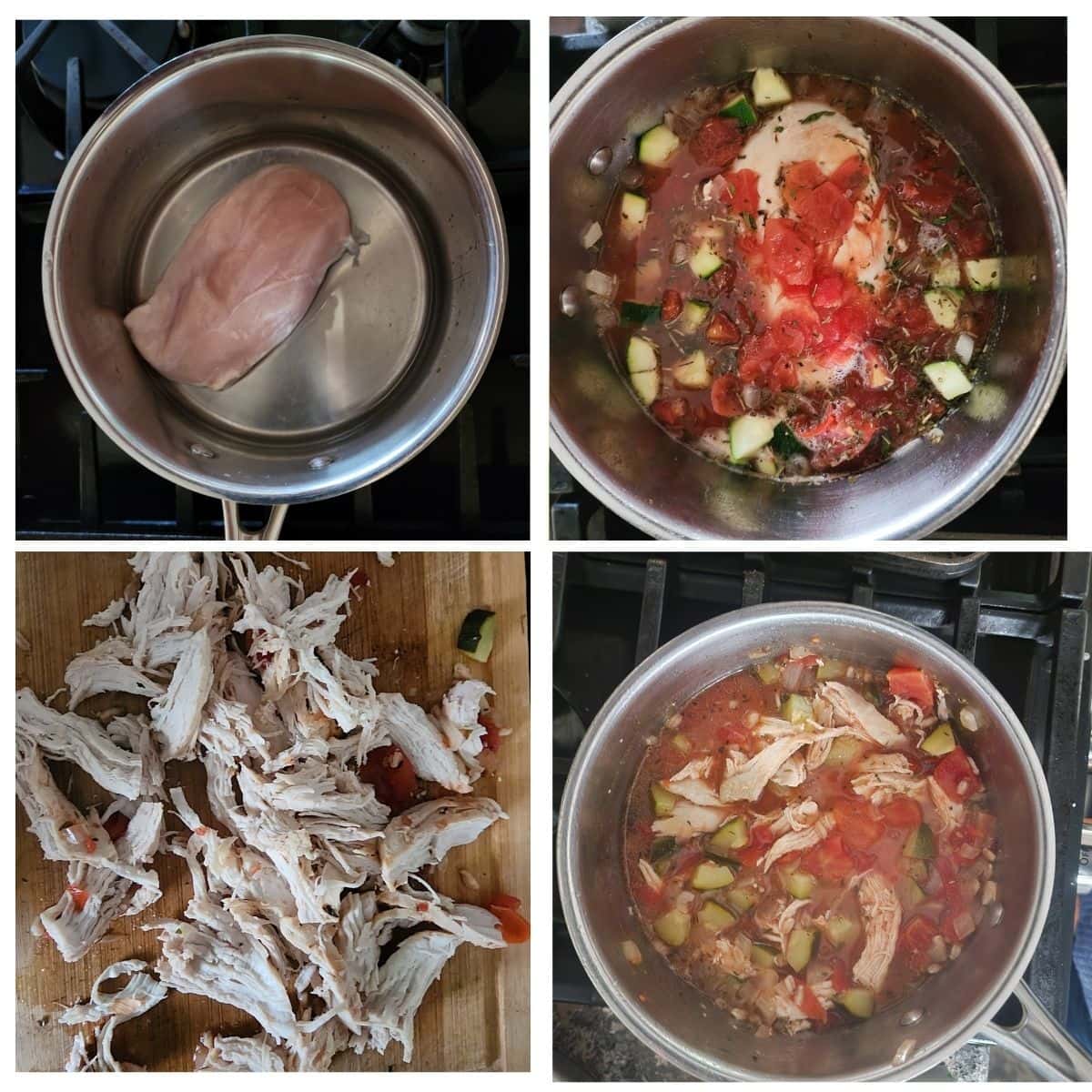 a collage of 4 pictures showing the steps to make chicken farro soup, brown the chicken, cook the ingredients, shred chicken and simmer more