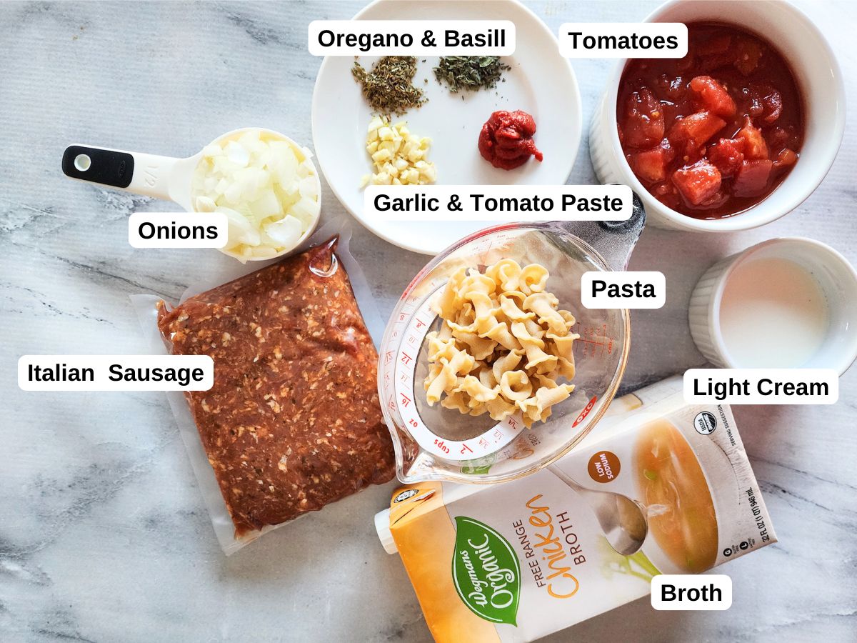 a photo showing the ingredients needed to make lasagna soup which are listed in the next section