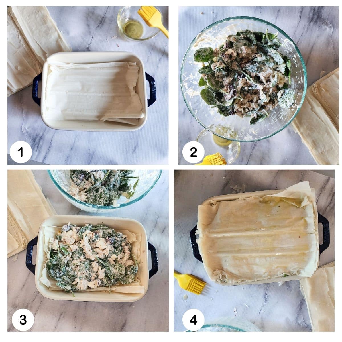 a collage of photos needed to make greek chicken casserole: line a dish with pastry, mix the filling, spread filling over pastry, add the final layer of pastry