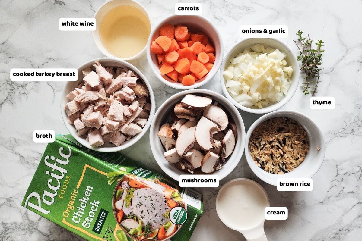 an overhead shot of the ingredients needed to make creamy turkey soup