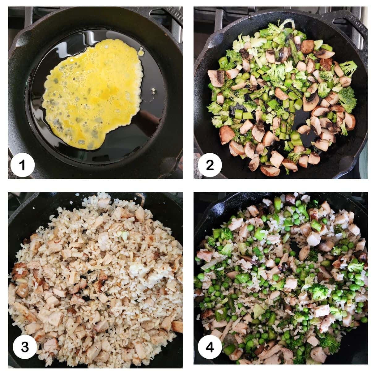 the process steps needed to make pork fried rice: 1 cook the eggs, 2, cook the vegetables, 3. add the onions pork and rice. 4. add cooked vegetables and sauce 