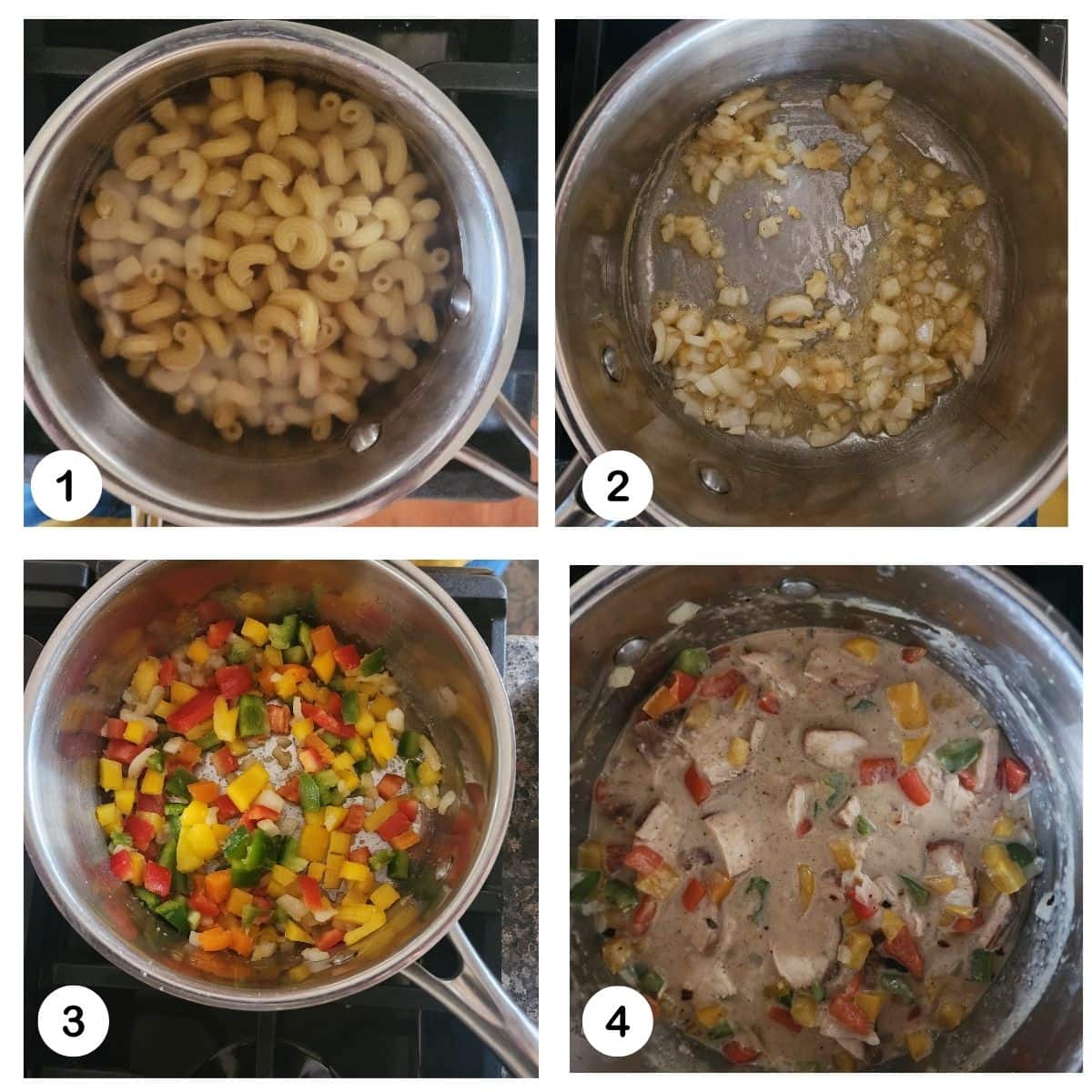 a collage of process shots for making rasta pasta: cook pasta, cook onions, peppers and finish the sauce