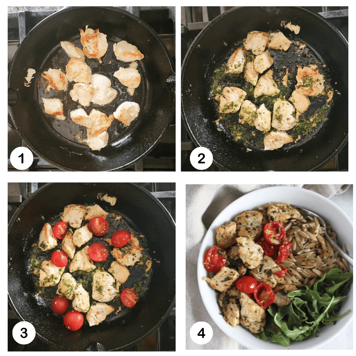 a collage of photos shoing th steps needed to make chicken pesto bowls
