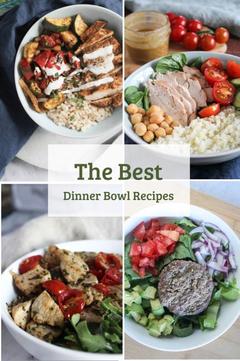 a collage of four dinner bowls: chicken shawarma, burger, Mediterranean chicken bowl, chicken pesto bowl and burger bowl