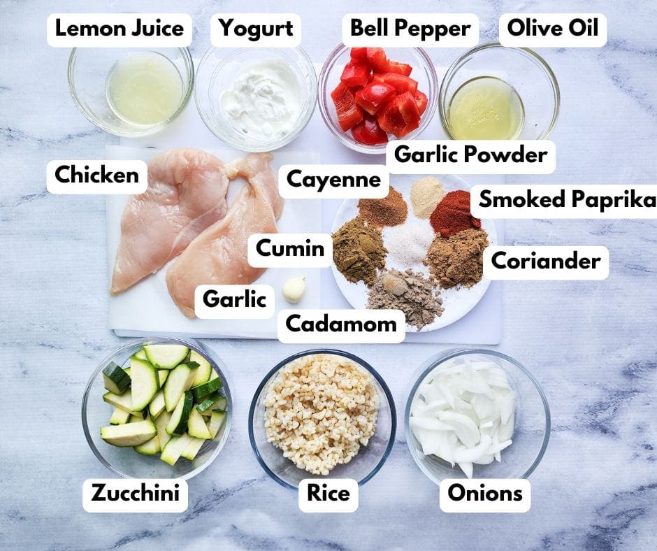 a photo of the ingredients needed to make chicken shawarma bowls