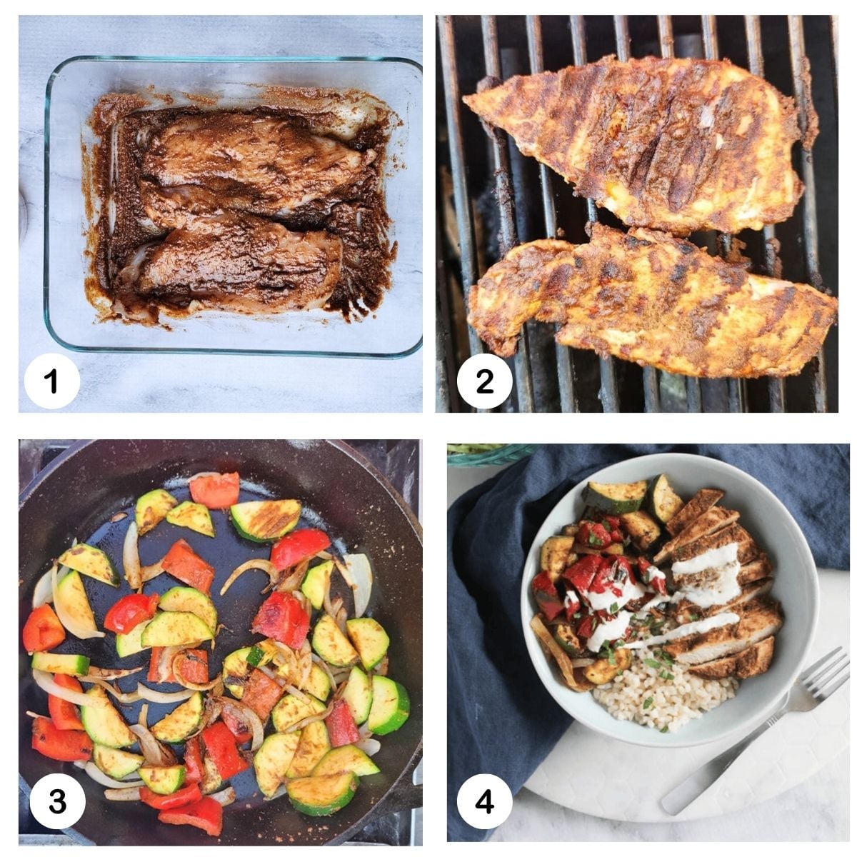 a photo showing steps making the shawarma marinate, grill, cook vegetables and assemble