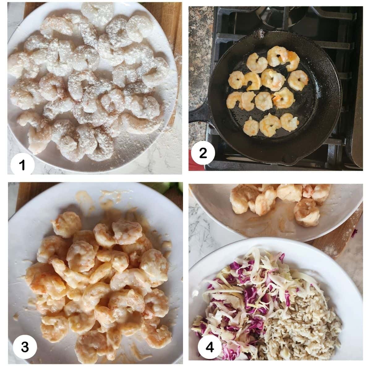 4 pictures showing the steps needed to make bang bang shrimp bowls