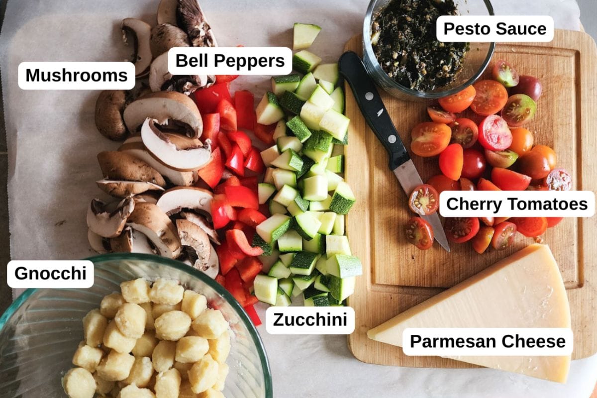a photo of the ingredients needed to make sheet pan gnocchi