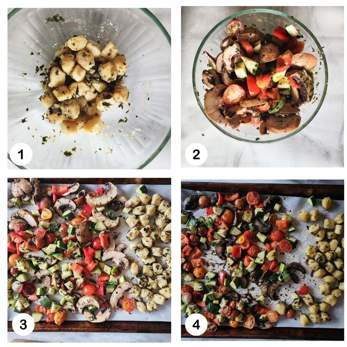a photo collage showing the steps needed to make sheet pan gnocchi