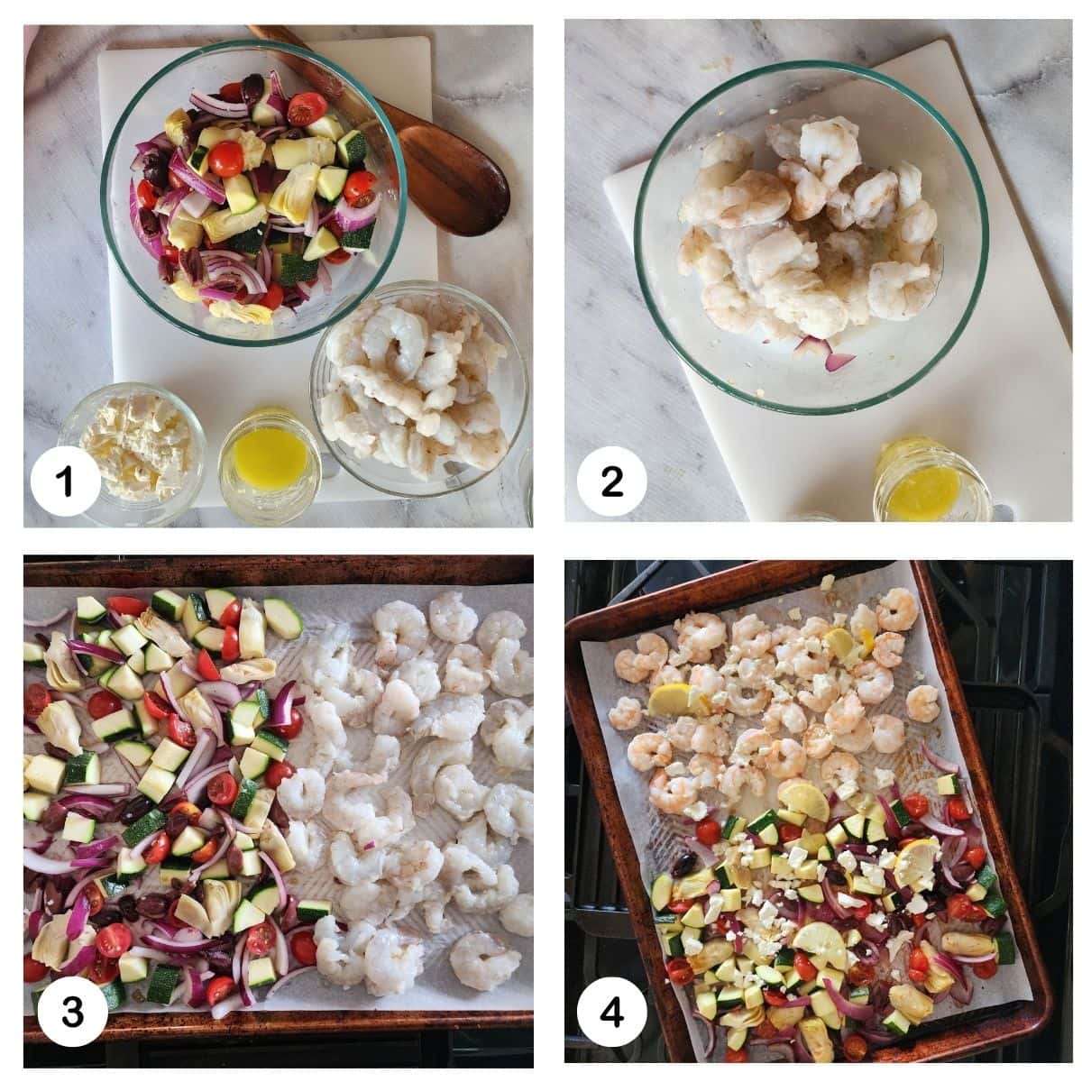 a collage showing the process steps needed to make sheet pan shrimp and veggies