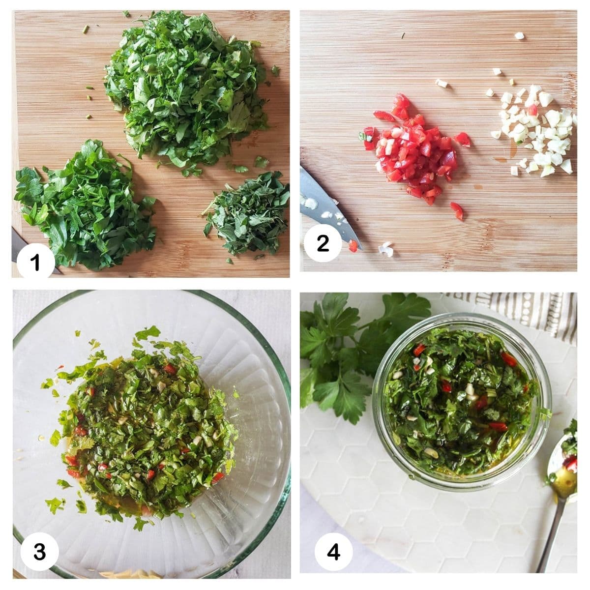 a collage of photos showing the process steps needed to make chimichurri sauce